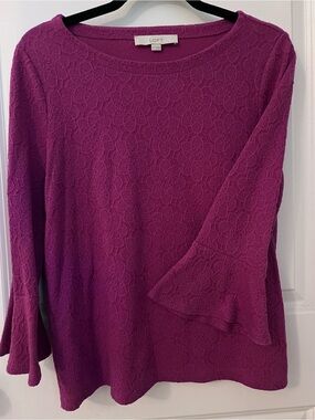 LOFT Fuchsia Textured Bell-Sleeve 3/4 Sleeve Top